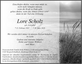 Anzeige von Lore Scholz von  Bergisches Handelsblatt 