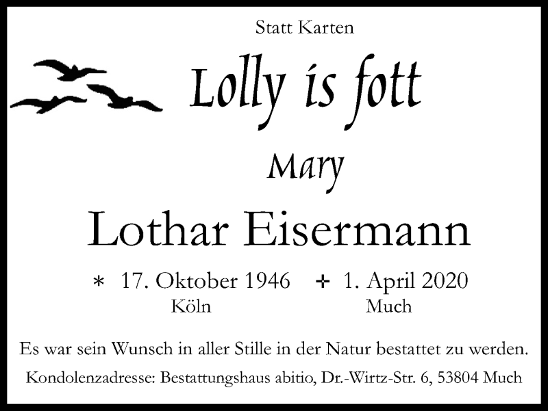 Traueranzeige für Lothar Eisermann vom 04.04.2020 aus Kölner Stadt-Anzeiger / Kölnische Rundschau / Express