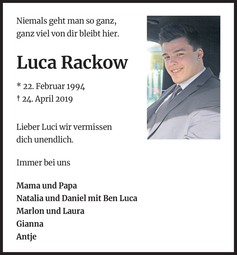  Traueranzeige für Luca Rackow vom 24.04.2020 aus Kölner Stadt-Anzeiger / Kölnische Rundschau / Express