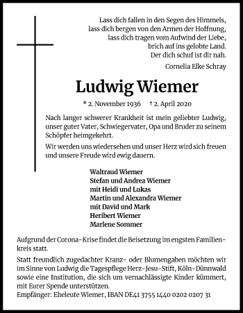 Anzeige von Ludwig Wiemer von Kölner Stadt-Anzeiger / Kölnische Rundschau / Express
