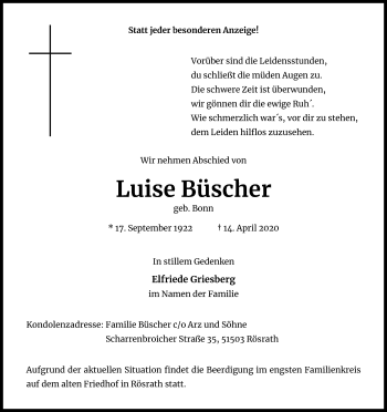 Anzeige von Luise Büscher von Kölner Stadt-Anzeiger / Kölnische Rundschau / Express