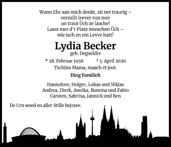 Anzeige von Lydia Becker von Kölner Stadt-Anzeiger / Kölnische Rundschau / Express