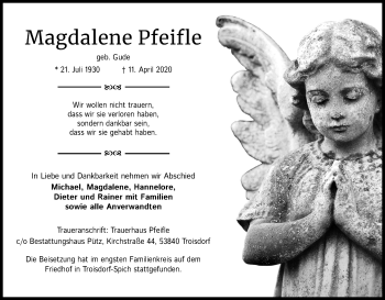 Anzeige von Magdalene Pfeifle von Kölner Stadt-Anzeiger / Kölnische Rundschau / Express