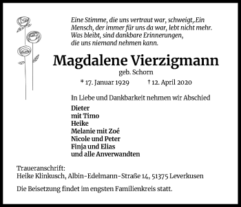 Anzeige von Magdalene Vierzigmann von Kölner Stadt-Anzeiger / Kölnische Rundschau / Express