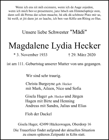 Anzeige von Magdalene Lydia Hecker von Kölner Stadt-Anzeiger / Kölnische Rundschau / Express