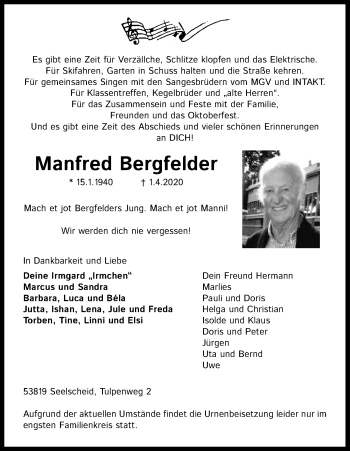 Anzeige von Manfred Bergfelder von Kölner Stadt-Anzeiger / Kölnische Rundschau / Express