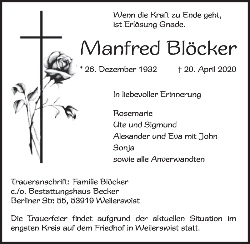  Traueranzeige für Manfred Blöcker vom 25.04.2020 aus  Blickpunkt Euskirchen 