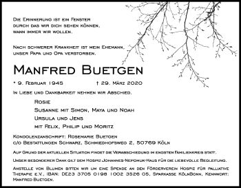 Anzeige von Manfred Buetgen von Kölner Stadt-Anzeiger / Kölnische Rundschau / Express