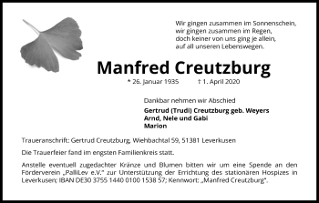 Anzeige von Manfred Creutzburg von Kölner Stadt-Anzeiger / Kölnische Rundschau / Express