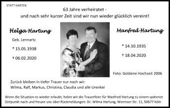 Anzeige von Manfred Hartung von Kölner Stadt-Anzeiger / Kölnische Rundschau / Express
