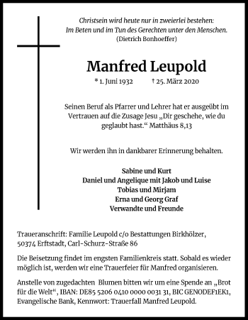 Anzeige von Manfred Leupold von Kölner Stadt-Anzeiger / Kölnische Rundschau / Express