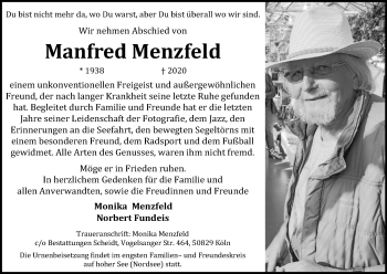 Anzeige von Manfred Menzfeld von Kölner Stadt-Anzeiger / Kölnische Rundschau / Express