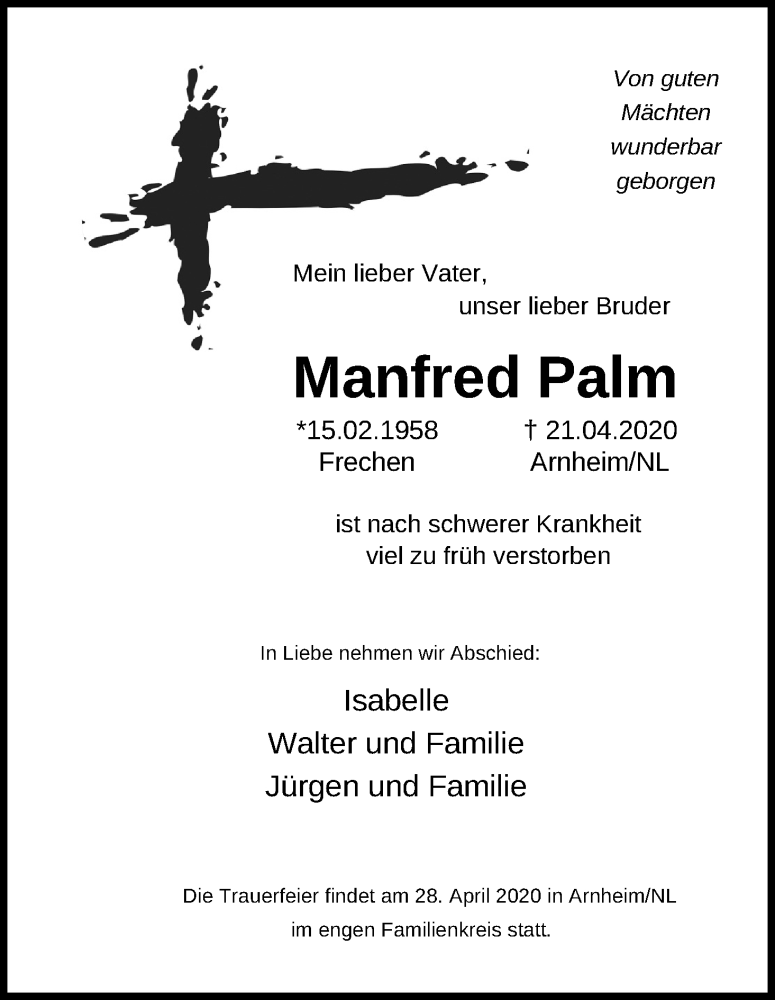  Traueranzeige für Manfred Palm vom 28.04.2020 aus Kölner Stadt-Anzeiger / Kölnische Rundschau / Express