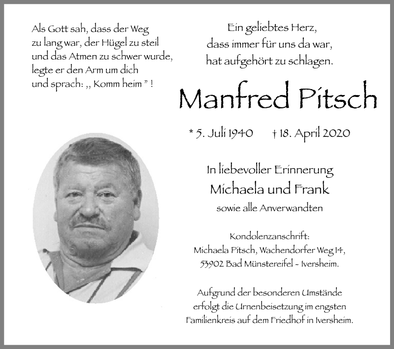  Traueranzeige für Manfred Pitsch vom 25.04.2020 aus Kölner Stadt-Anzeiger / Kölnische Rundschau / Express