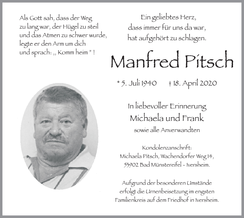  Traueranzeige für Manfred Pitsch vom 25.04.2020 aus  Blickpunkt Euskirchen 