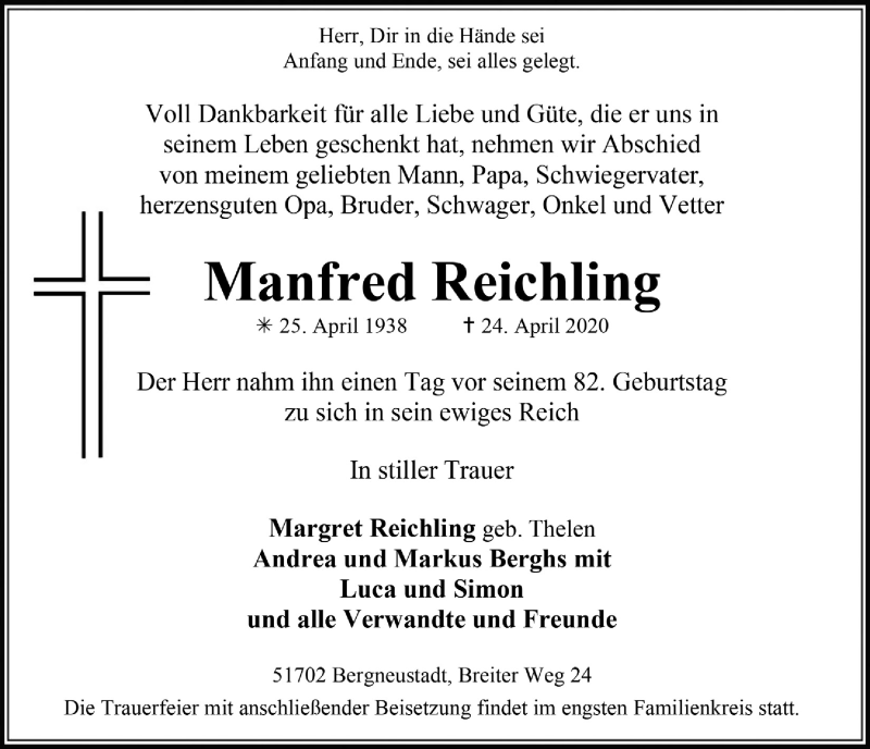  Traueranzeige für Manfred Reichling vom 30.04.2020 aus  Anzeigen Echo 