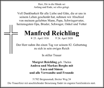 Anzeige von Manfred Reichling von Kölner Stadt-Anzeiger / Kölnische Rundschau / Express
