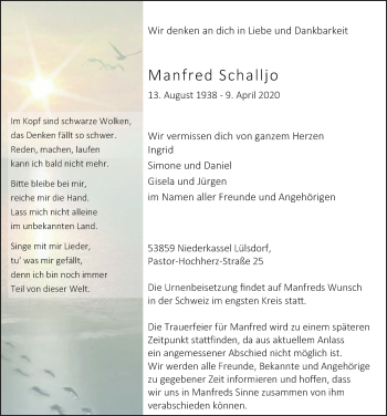 Anzeige von Manfred Schalljo von  Extra Blatt 