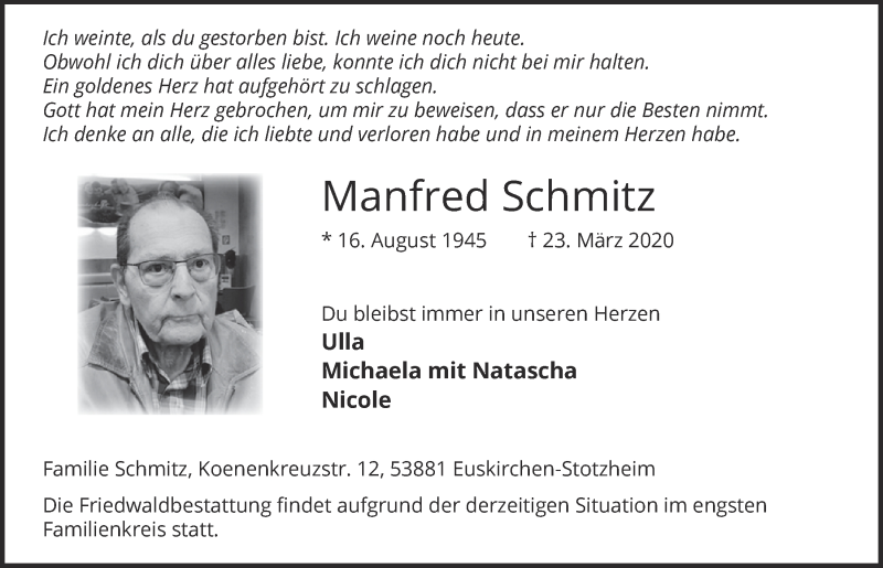  Traueranzeige für Manfred Schmitz vom 04.04.2020 aus  Blickpunkt Euskirchen 