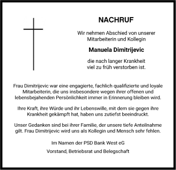 Anzeige von Manuela Dimitrijevic von Kölner Stadt-Anzeiger / Kölnische Rundschau / Express