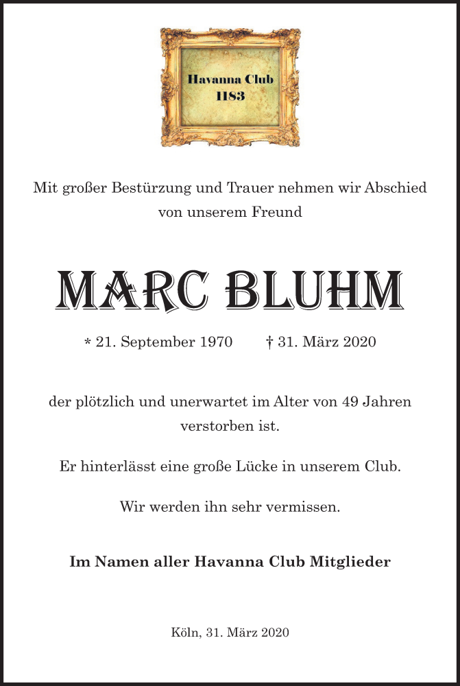  Traueranzeige für Marc Bluhm vom 11.04.2020 aus Kölner Stadt-Anzeiger / Kölnische Rundschau / Express