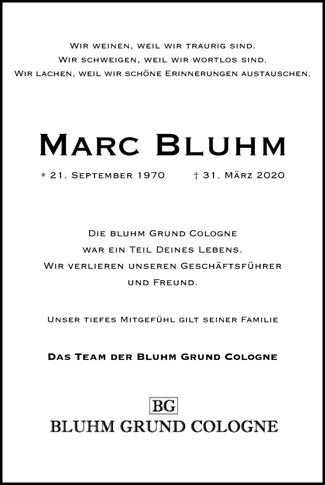  Traueranzeige für Marc Bluhm vom 11.04.2020 aus Kölner Stadt-Anzeiger / Kölnische Rundschau / Express