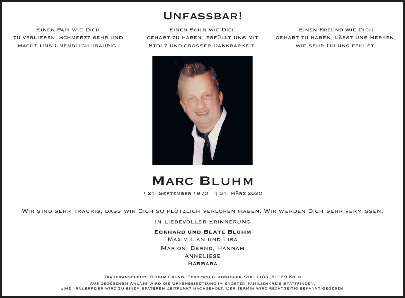  Traueranzeige für Marc Bluhm vom 11.04.2020 aus Kölner Stadt-Anzeiger / Kölnische Rundschau / Express