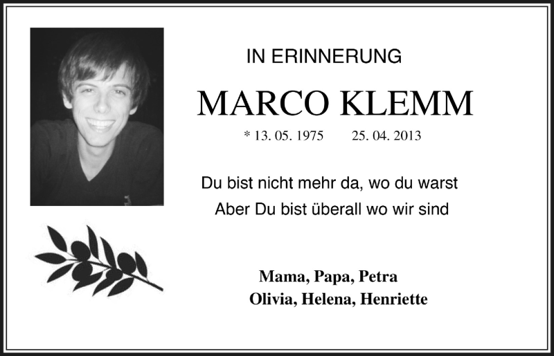  Traueranzeige für Marco Klemm vom 24.04.2020 aus  Anzeigen Echo 