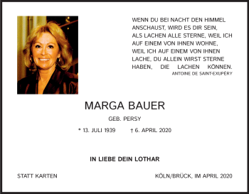 Anzeige von Marga Bauer von Kölner Stadt-Anzeiger / Kölnische Rundschau / Express