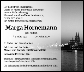Anzeige von Marga Hornemann von Kölner Stadt-Anzeiger / Kölnische Rundschau / Express