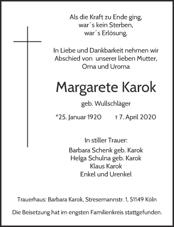 Anzeige von Margarete Karok von  Kölner Wochenspiegel 