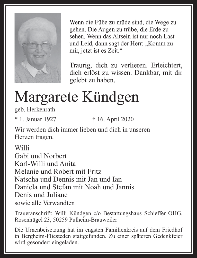 Traueranzeige für Margarete Kündgen vom 30.04.2020 aus  Werbepost 