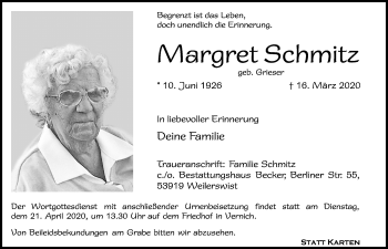 Anzeige von Margarethe Schmitz von  Blickpunkt Euskirchen 