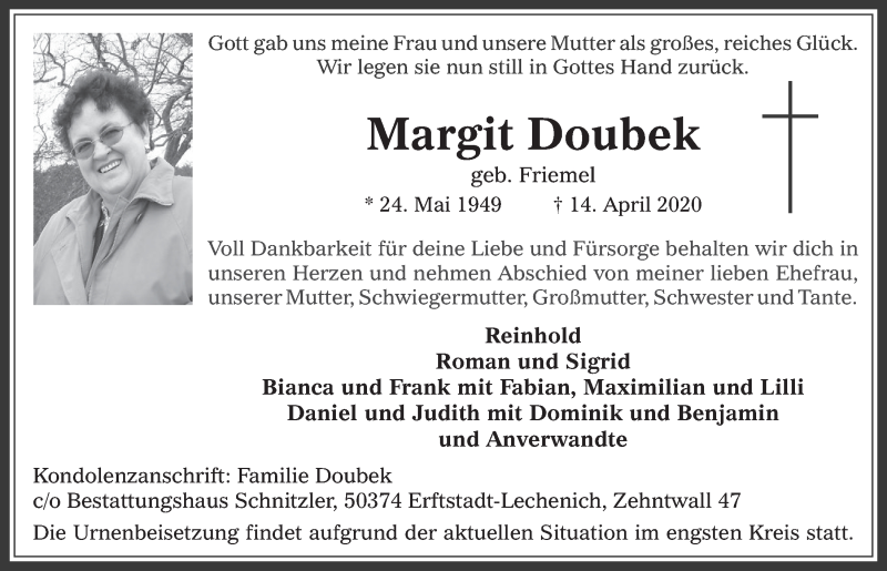  Traueranzeige für Margit Doubek vom 24.04.2020 aus  Werbepost 