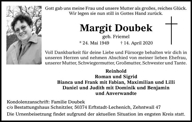  Traueranzeige für Margit Doubek vom 25.04.2020 aus Kölner Stadt-Anzeiger / Kölnische Rundschau / Express