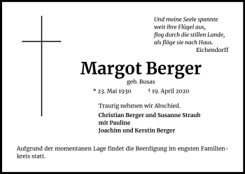 Anzeige von Margot Berger von Kölner Stadt-Anzeiger / Kölnische Rundschau / Express