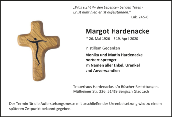 Anzeige von Margot Hardenacke von  Bergisches Handelsblatt 