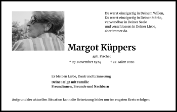 Anzeige von Margot Küppers von Kölner Stadt-Anzeiger / Kölnische Rundschau / Express