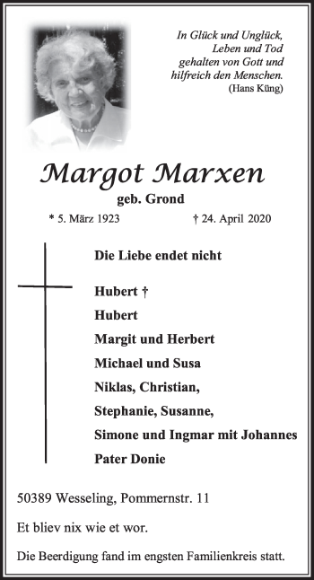 Anzeige von Margot Marxen von  Schlossbote/Werbekurier 