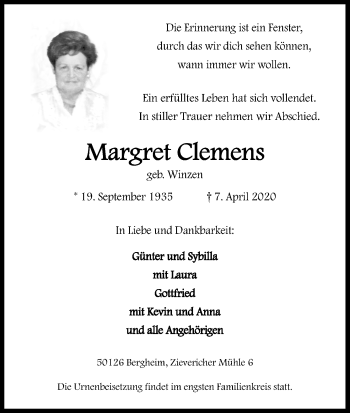 Anzeige von Margret Clemens von Kölner Stadt-Anzeiger / Kölnische Rundschau / Express