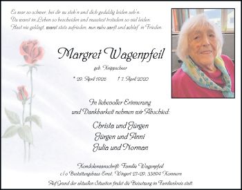 Anzeige von Margret Wagenpfeil von  Blickpunkt Euskirchen 