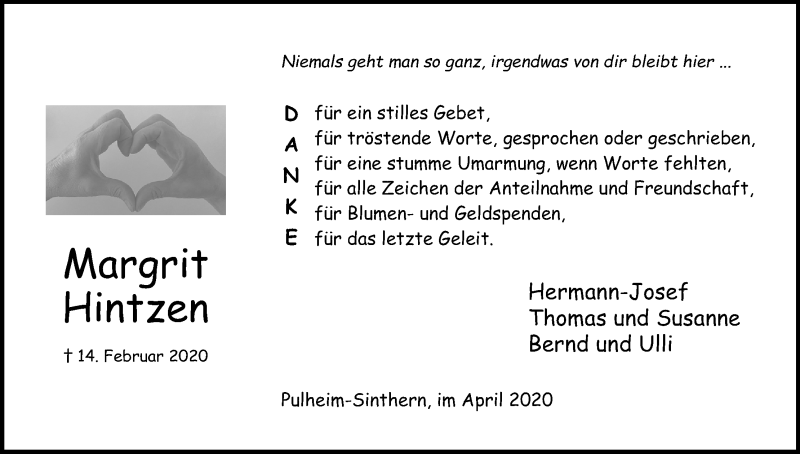  Traueranzeige für Margrit Hintzen vom 29.04.2020 aus Kölner Stadt-Anzeiger / Kölnische Rundschau / Express