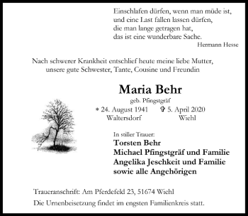 Anzeige von Maria Behr von  Anzeigen Echo 