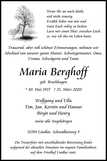Anzeige von Maria Berghoff von Kölner Stadt-Anzeiger / Kölnische Rundschau / Express