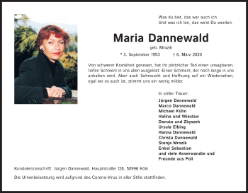 Anzeige von Maria Dannewald von Kölner Stadt-Anzeiger / Kölnische Rundschau / Express
