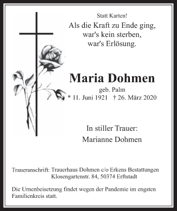 Anzeige von Maria Dohmen von  Werbepost 