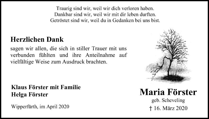  Traueranzeige für Maria Förster vom 28.04.2020 aus Kölner Stadt-Anzeiger / Kölnische Rundschau / Express