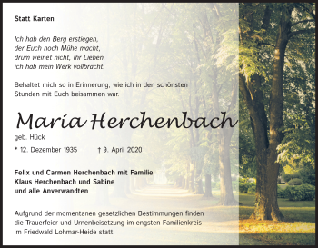 Anzeige von Maria Herchenbach von Kölner Stadt-Anzeiger / Kölnische Rundschau / Express