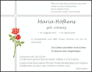 Anzeige von Maria Höfkens von Kölner Stadt-Anzeiger / Kölnische Rundschau / Express