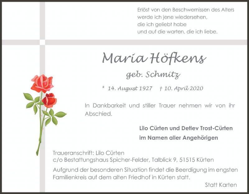  Traueranzeige für Maria Höfkens vom 18.04.2020 aus Kölner Stadt-Anzeiger / Kölnische Rundschau / Express